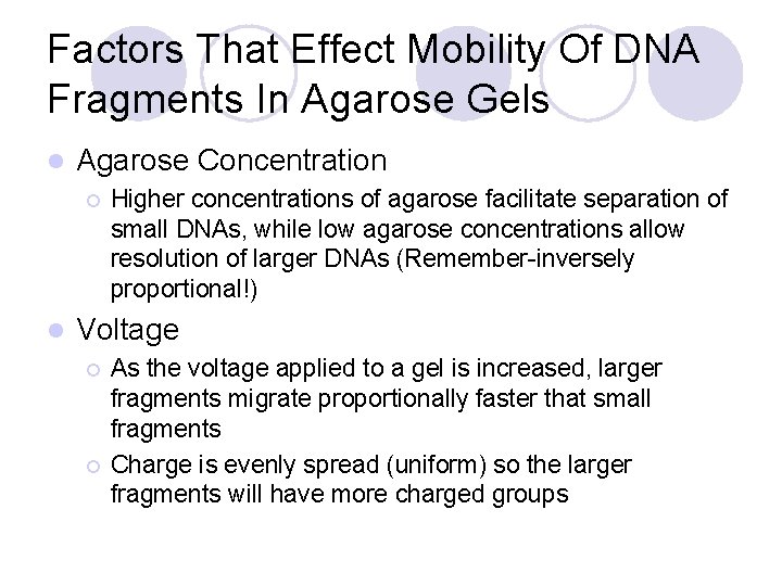 Factors That Effect Mobility Of DNA Fragments In Agarose Gels l Agarose Concentration ¡