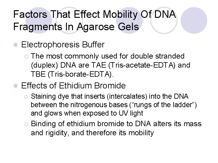 Factors That Effect Mobility Of DNA Fragments In Agarose Gels l Electrophoresis Buffer ¡