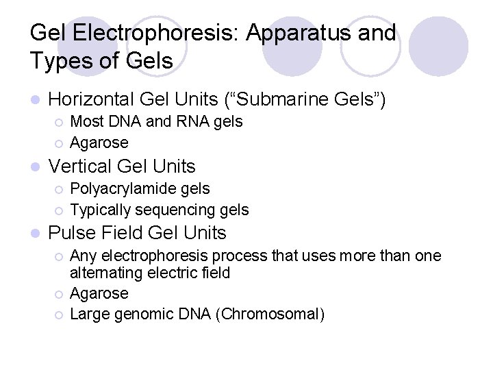 Gel Electrophoresis: Apparatus and Types of Gels l Horizontal Gel Units (“Submarine Gels”) ¡