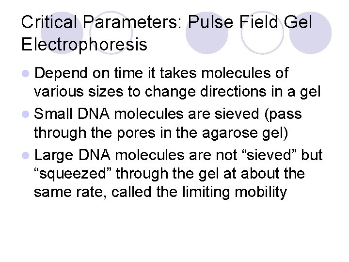 Critical Parameters: Pulse Field Gel Electrophoresis l Depend on time it takes molecules of