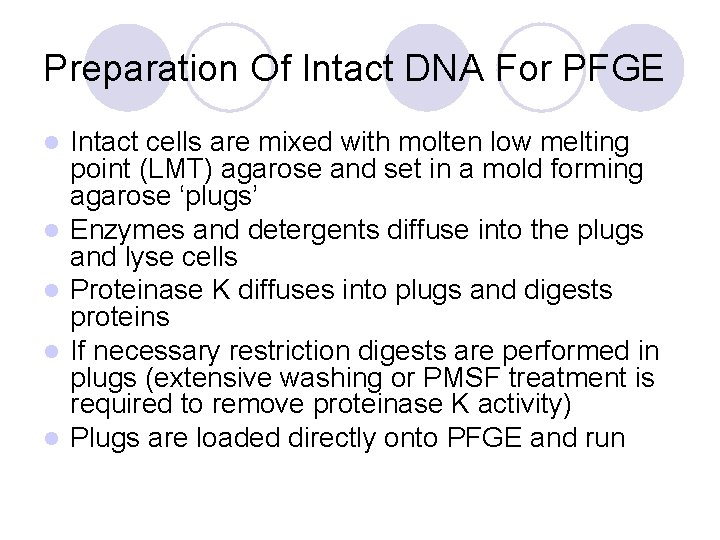 Preparation Of Intact DNA For PFGE l l l Intact cells are mixed with
