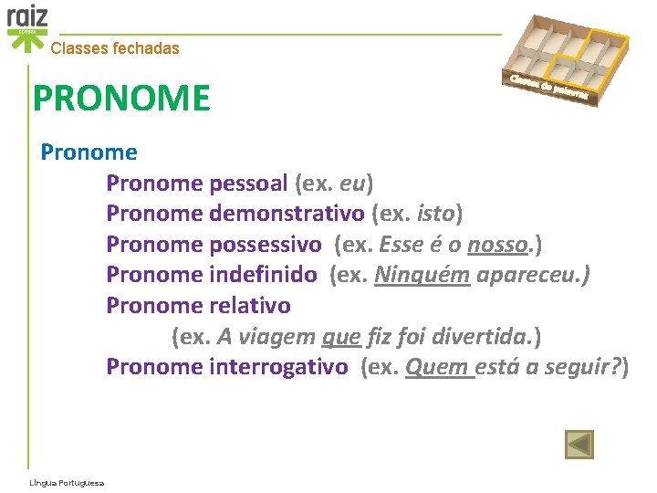 Classes fechadas PRONOME Classe s de p alavra s Pronome pessoal (ex. eu) Pronome