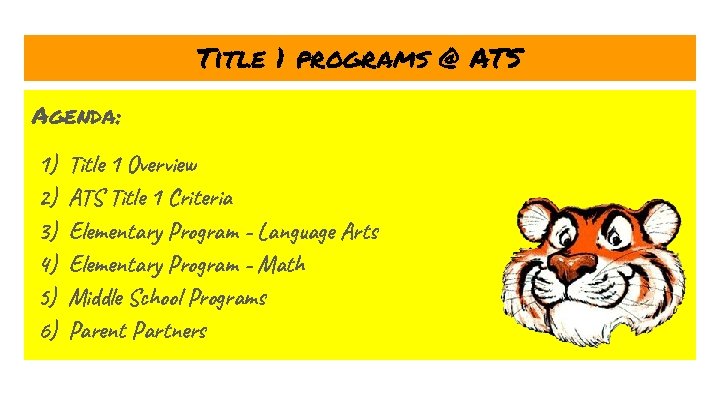 Title 1 programs @ ATS Agenda: 1) 2) 3) 4) 5) 6) Title 1