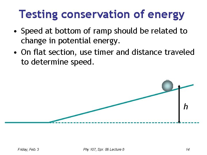 Testing conservation of energy • Speed at bottom of ramp should be related to