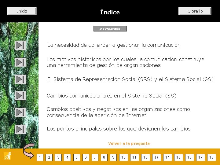Índice Inicio Glosario Instrucciones La necesidad de aprender a gestionar la comunicación Los motivos Índice Inicio Glosario Instrucciones La necesidad de aprender a gestionar la comunicación Los motivos