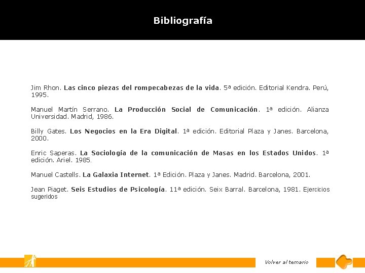 Bibliografía Jim Rhon. Las cinco piezas del rompecabezas de la vida. 5ª edición. Editorial Bibliografía Jim Rhon. Las cinco piezas del rompecabezas de la vida. 5ª edición. Editorial