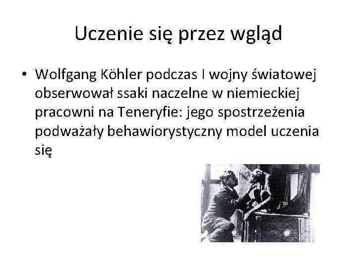 Uczenie się przez wgląd • Wolfgang Köhler podczas I wojny światowej obserwował ssaki naczelne