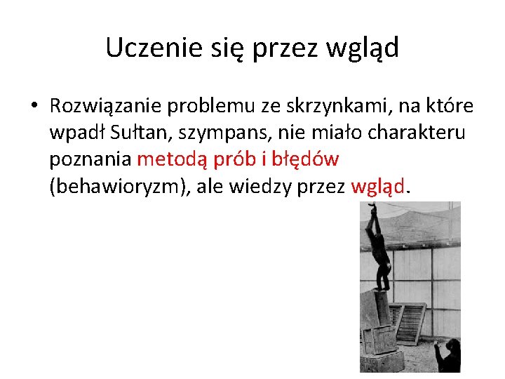 Uczenie się przez wgląd • Rozwiązanie problemu ze skrzynkami, na które wpadł Sułtan, szympans,