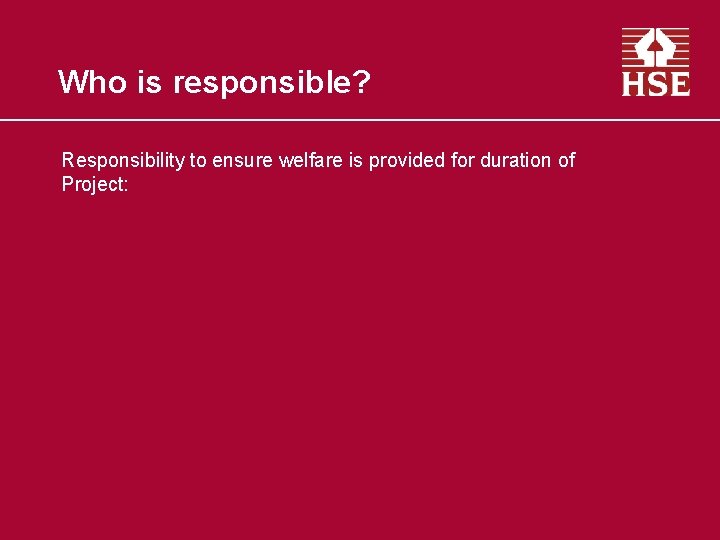 Who is responsible? Responsibility to ensure welfare is provided for duration of Project: 