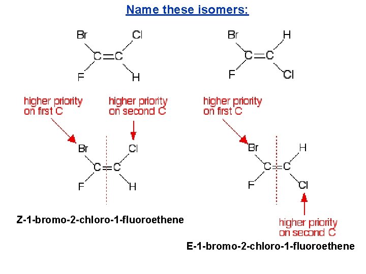 Name these isomers: Z-1 -bromo-2 -chloro-1 -fluoroethene E-1 -bromo-2 -chloro-1 -fluoroethene Name these isomers: Z-1 -bromo-2 -chloro-1 -fluoroethene E-1 -bromo-2 -chloro-1 -fluoroethene