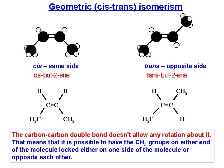 Geometric (cis-trans) isomerism cis – same side H H trans – opposite side H