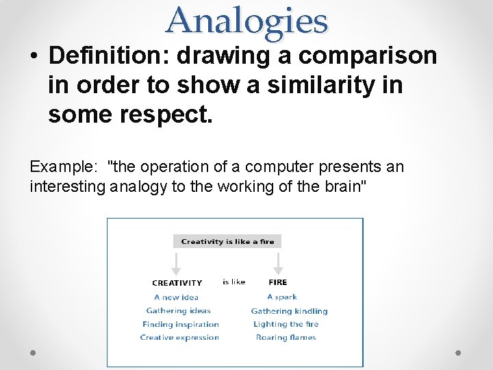 Analogies • Definition: drawing a comparison in order to show a similarity in some