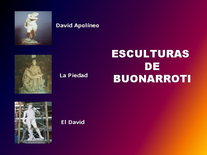 David Apolíneo La Piedad El David ESCULTURAS DE BUONARROTI 