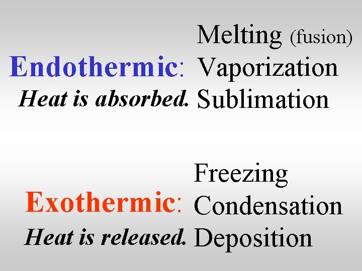 Melting (fusion) Endothermic: Vaporization Heat is absorbed. Sublimation Freezing Exothermic: Condensation Heat is released.