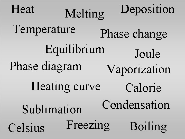 Heat Deposition Melting Temperature Phase change Equilibrium Joule Phase diagram Vaporization Heating curve Calorie