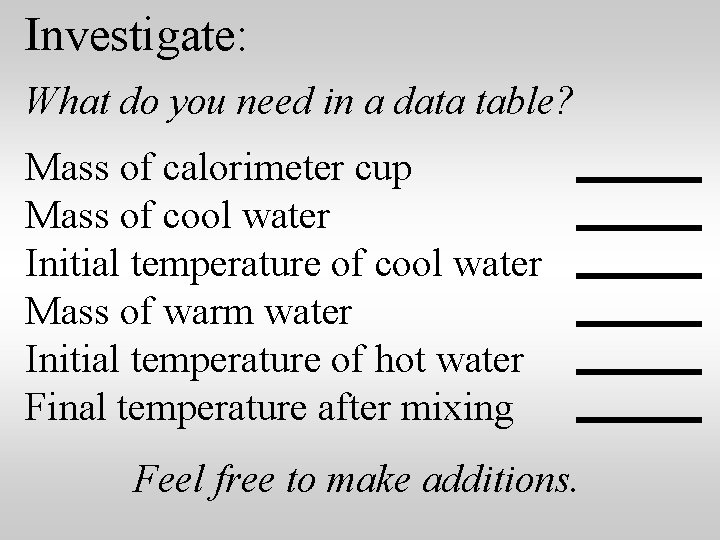 Investigate: What do you need in a data table? Mass of calorimeter cup Mass