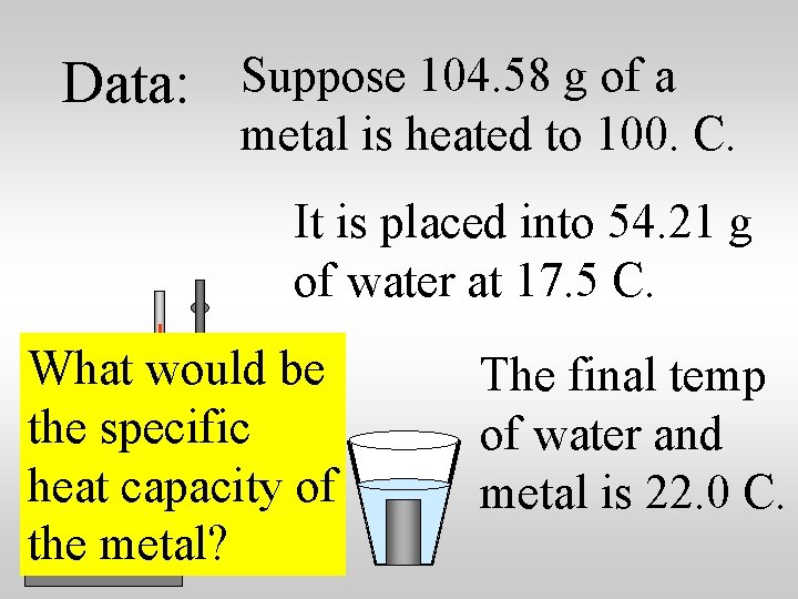 Data: Suppose 104. 58 g of a metal is heated to 100. C. It