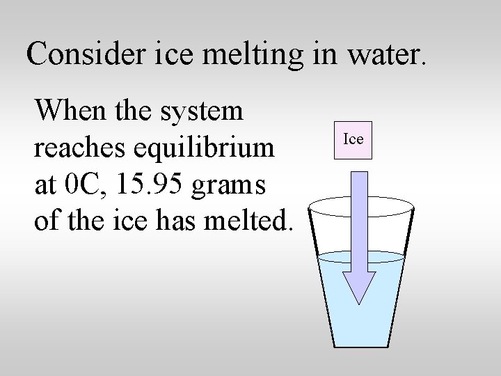 Consider ice melting in water. When the system reaches equilibrium at 0 C, 15.