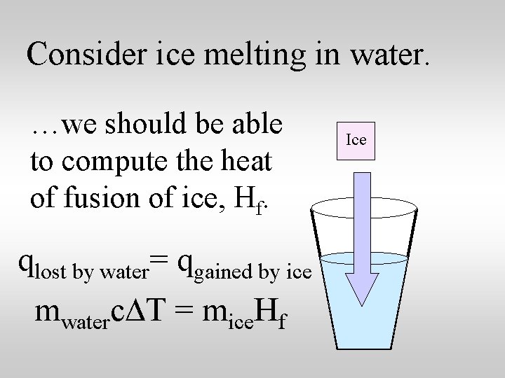 Consider ice melting in water. …we should be able to compute the heat of