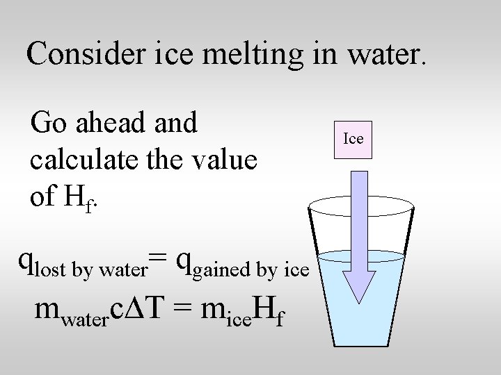 Consider ice melting in water. Go ahead and calculate the value of Hf. qlost
