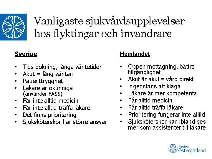 Vanligaste sjukvårdsupplevelser hos flyktingar och invandrare Sverige • • Tids bokning, långa väntetider Akut