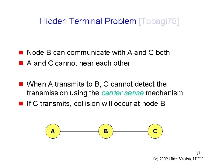 Hidden Terminal Problem [Tobagi 75] g g Node B can communicate with A and