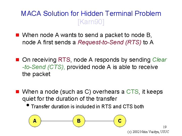 MACA Solution for Hidden Terminal Problem [Karn 90] g When node A wants to