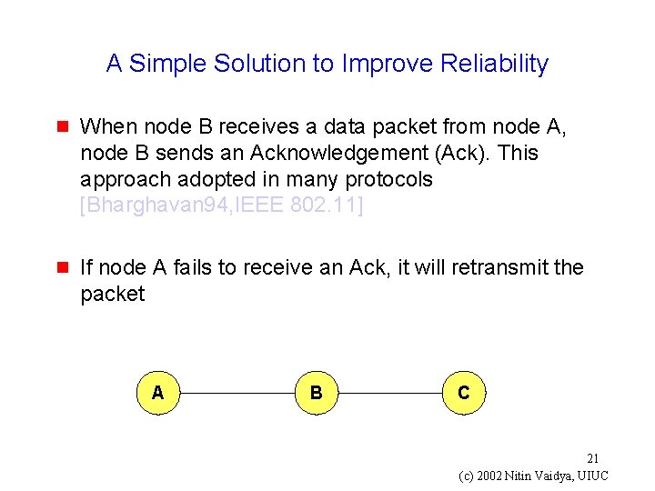 A Simple Solution to Improve Reliability g When node B receives a data packet