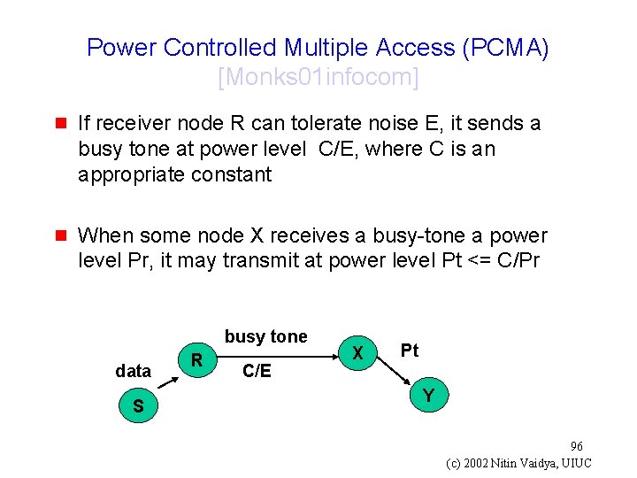 Power Controlled Multiple Access (PCMA) [Monks 01 infocom] g If receiver node R can