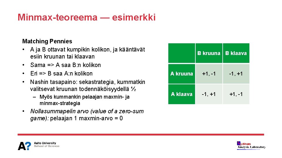 Minmax-teoreema — esimerkki Matching Pennies • A ja B ottavat kumpikin kolikon, ja kääntävät