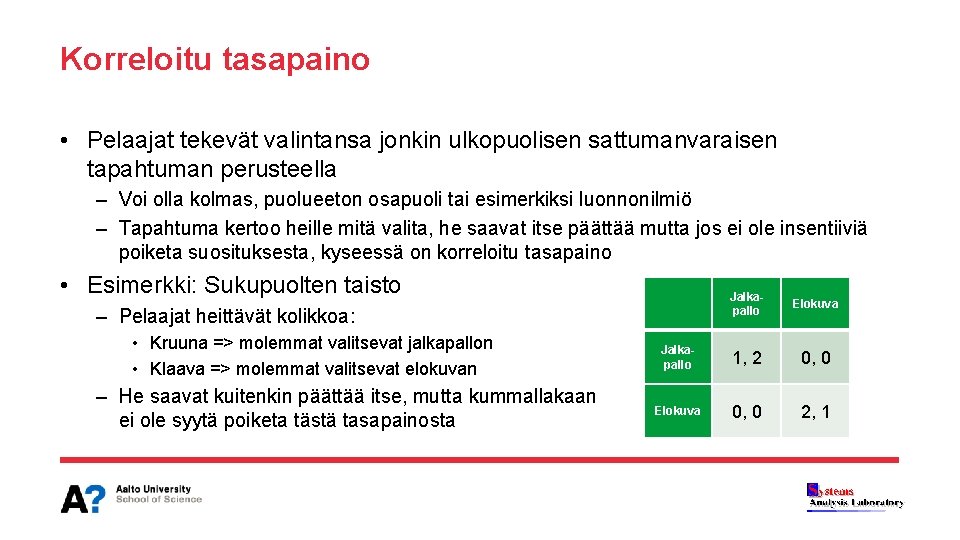 Korreloitu tasapaino • Pelaajat tekevät valintansa jonkin ulkopuolisen sattumanvaraisen tapahtuman perusteella – Voi olla