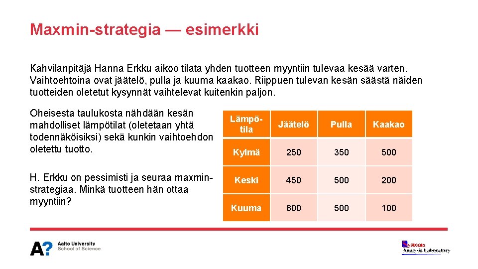 Maxmin-strategia — esimerkki Kahvilanpitäjä Hanna Erkku aikoo tilata yhden tuotteen myyntiin tulevaa kesää varten.