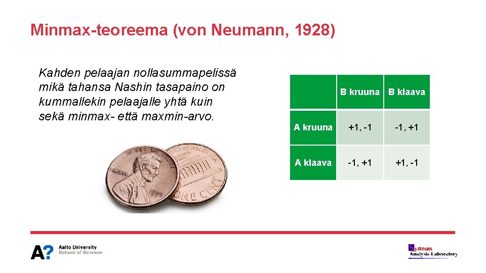 Minmax-teoreema (von Neumann, 1928) Kahden pelaajan nollasummapelissä mikä tahansa Nashin tasapaino on kummallekin pelaajalle