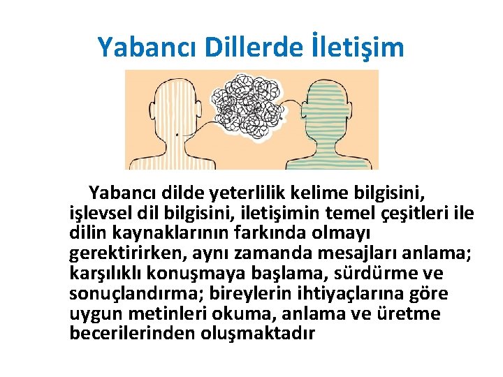 Yabancı Dillerde İletişim Yabancı dilde yeterlilik kelime bilgisini, işlevsel dil bilgisini, iletişimin temel çeşitleri