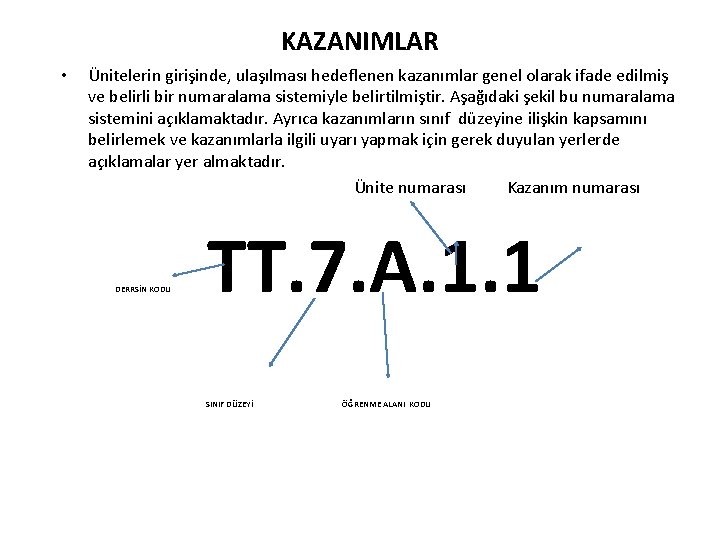 KAZANIMLAR Ünitelerin girişinde, ulaşılması hedeflenen kazanımlar genel olarak ifade edilmiş ve belirli bir numaralama