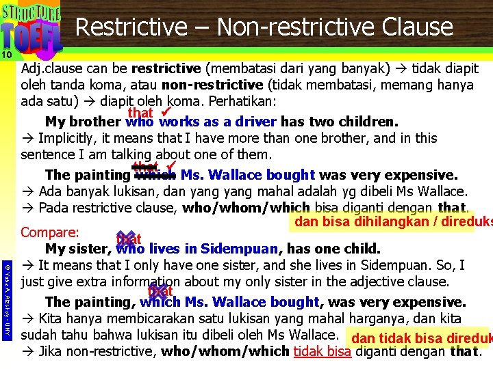 Restrictive – Non-restrictive Clause 10 © Yosa A. Alzuhdy - UNY Adj. clause can