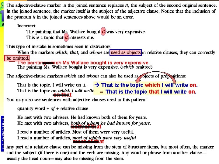 9 The painting which Ms Wallace bought is very expensive. on that That is