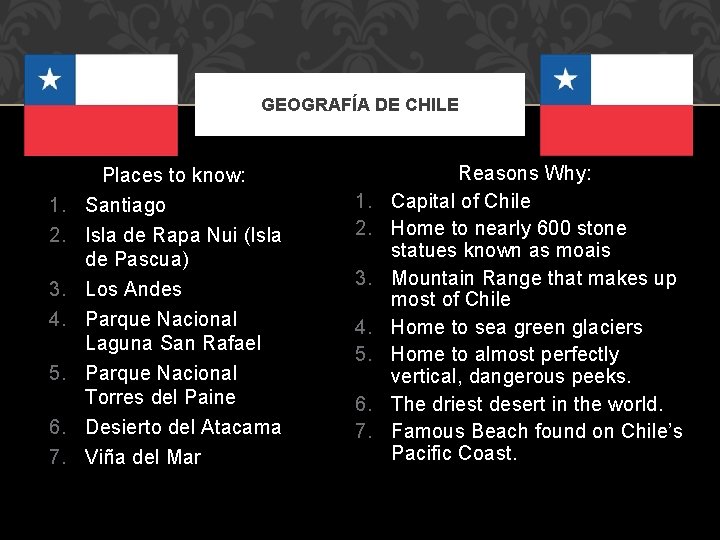 GEOGRAFÍA DE CHILE Places to know: 1. Santiago 2. Isla de Rapa Nui (Isla