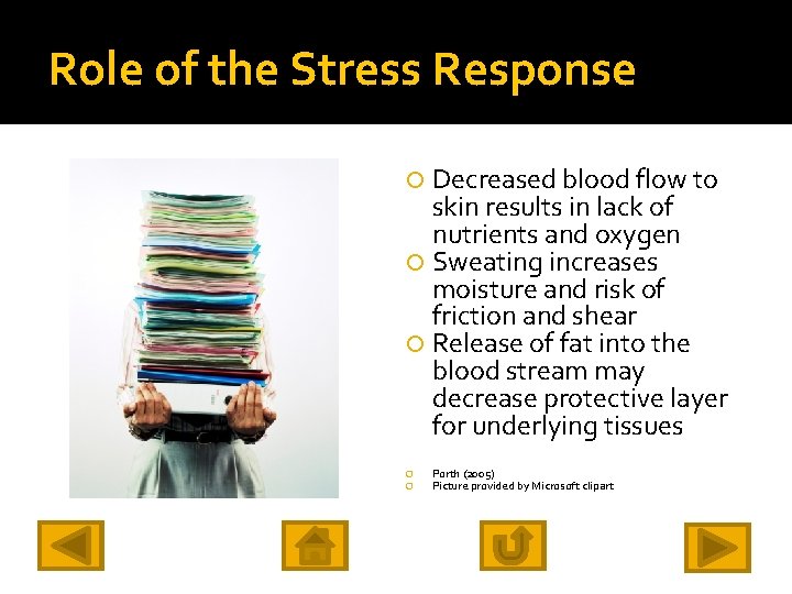 Role of the Stress Response Decreased blood flow to skin results in lack of