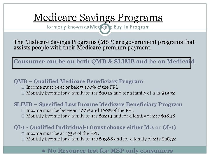 Medicare Savings Programs formerly known as Medicare 21 Buy-In Program The Medicare Savings Programs