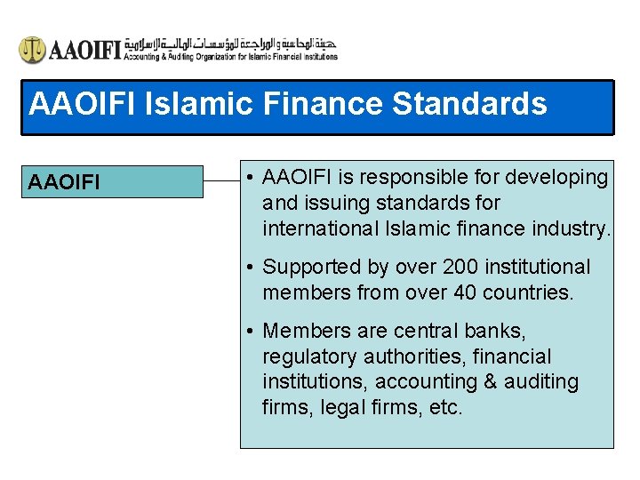 AAOIFI Islamic Finance Standards AAOIFI • AAOIFI is responsible for developing and issuing standards