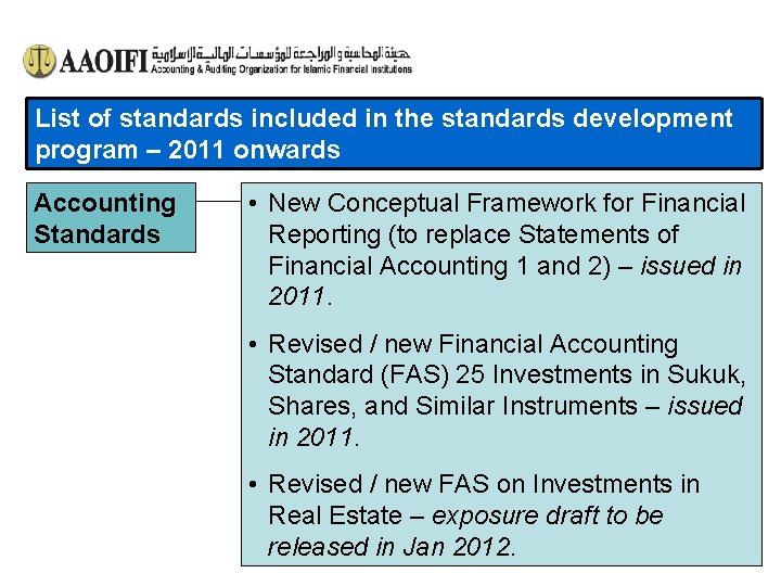 List of standards included in the standards development program – 2011 onwards Accounting Standards