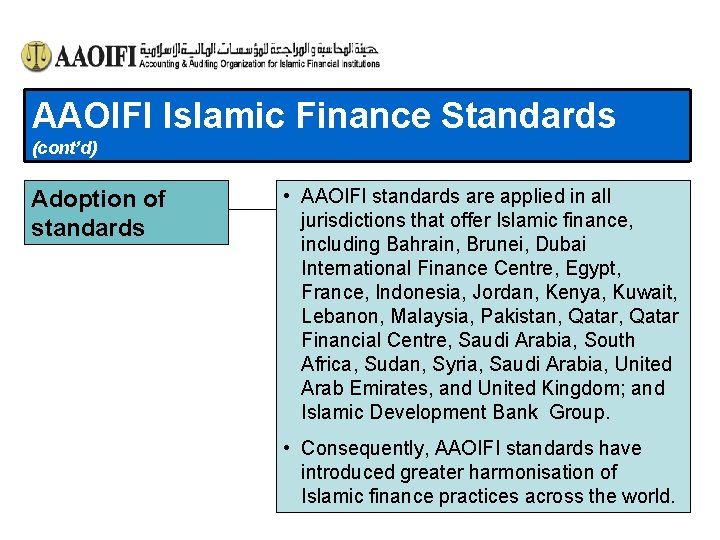 AAOIFI Islamic Finance Standards (cont’d) Adoption of standards • AAOIFI standards are applied in