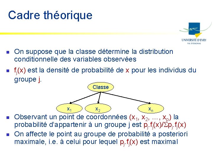 Cadre théorique n n On suppose que la classe détermine la distribution conditionnelle des