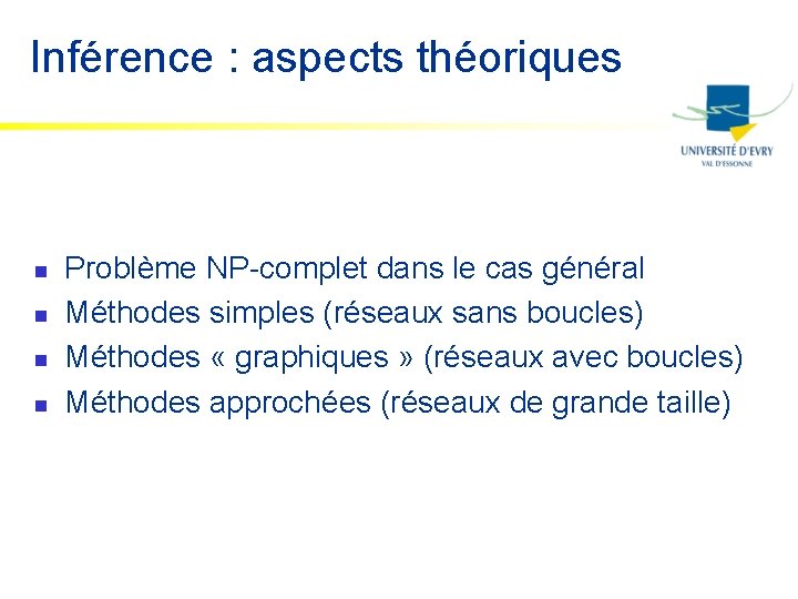 Inférence : aspects théoriques n n Problème NP-complet dans le cas général Méthodes simples
