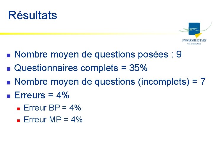 Résultats n n Nombre moyen de questions posées : 9 Questionnaires complets = 35%