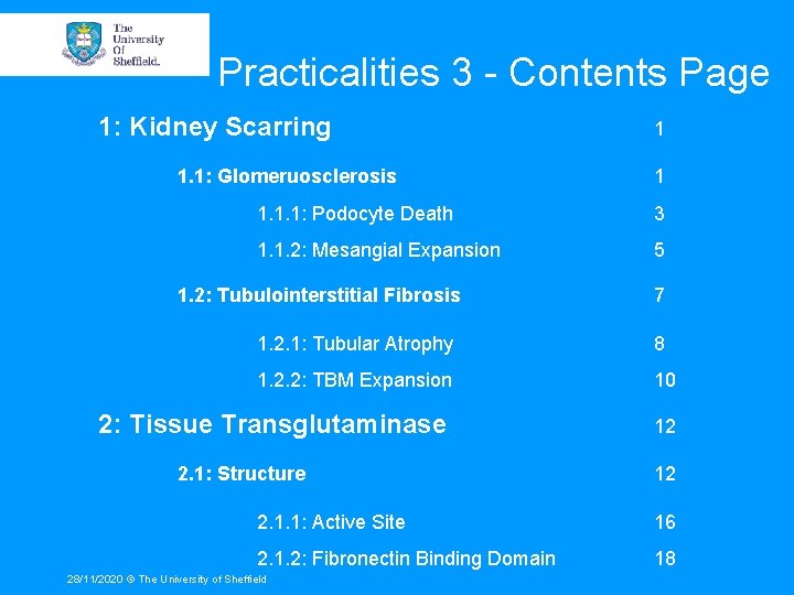 Practicalities 3 - Contents Page 1: Kidney Scarring 1. 1: Glomeruosclerosis 1 1 1.
