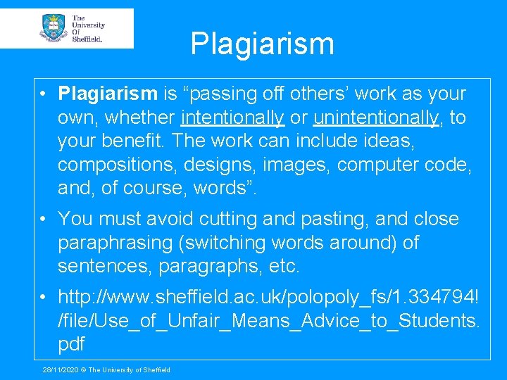 Plagiarism • Plagiarism is “passing off others’ work as your own, whether intentionally or