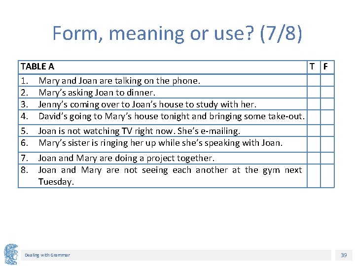 Form, meaning or use? (7/8) TABLE A T F 1. Mary and Joan are