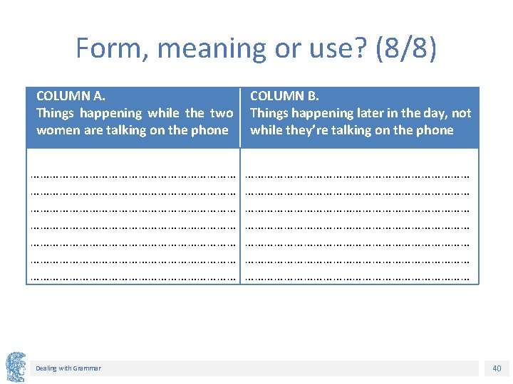 Form, meaning or use? (8/8) COLUMN A. Things happening while the two women are